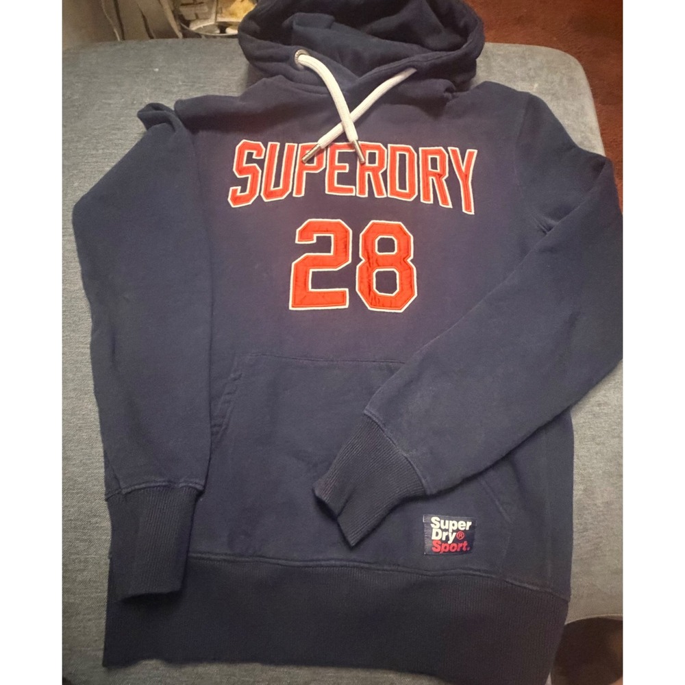 Superdry Sport Mens Hoodie Navy Blue Orange Varsity 28 Graphic‎ Sweatshirt Small